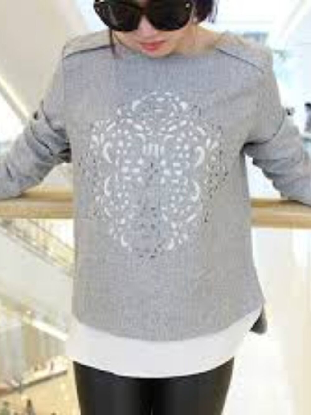 "Shihan" Laser Cut Partially Lined Grey and White Long Sleeved Top Medium/Small